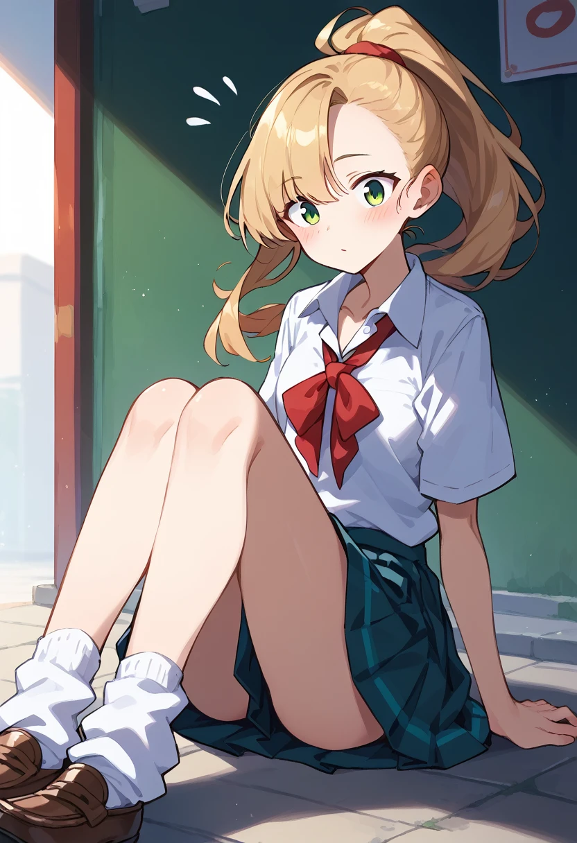 masterpiece, (score_9,score_8_up,score_7_up,score_6_up), 1 girl, green eyes, little sassy, skinny, tsurime, asymmetrical bangs, high ponytail, (blond hair:1.3), (school uniform), (white collared shirt, plain pattern shirt, short sleeves, shirt tucked in:1), (red plain pattern narrow neck ribbon:1.1), brown loafers,
white loose socks,
bare feet, thigh, teeth, blush,surprised, looking at viewers, 