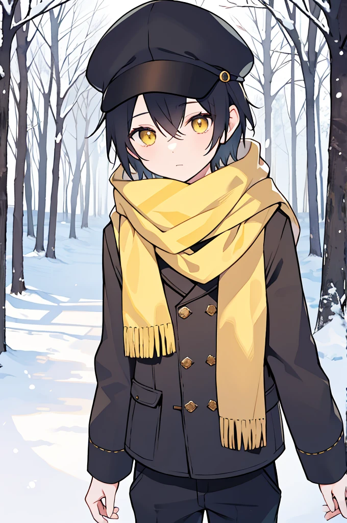 Solo Boy、Snowy forest、Black short hair、Yellow Eyes、Curious atmosphere、Newsboy cap、Scarf、Long pants、Wizard、Hide your ears