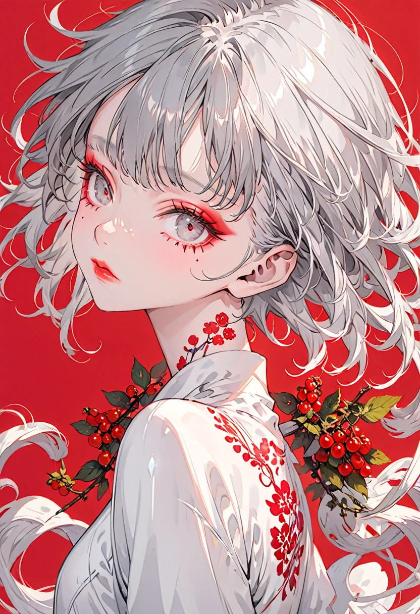 Crimson Background、(Highest quality,Very detailed,High resolution:1.2),Slim albino girl，Gray-haired berry shorthair,gray bangs，very_Long eyelashes, Detailed lips, Cool look, Soft Skin, Shiny Hair,Exquisite makeup，Neck tattoo，Shot from above