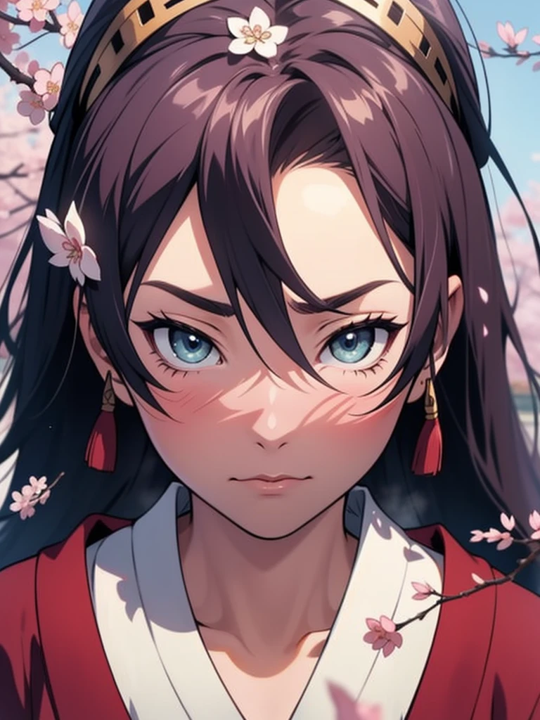 Capture the essence of Haruna Sakura, the enigmatic Japanese anime character, in a cinematic masterpiece. Depict her in a pivotal moment of her journey, surrounded by the beauty of cherry blossoms and her unwavering determination. Let your art or words bring her character to life, evoking emotion and intrigue