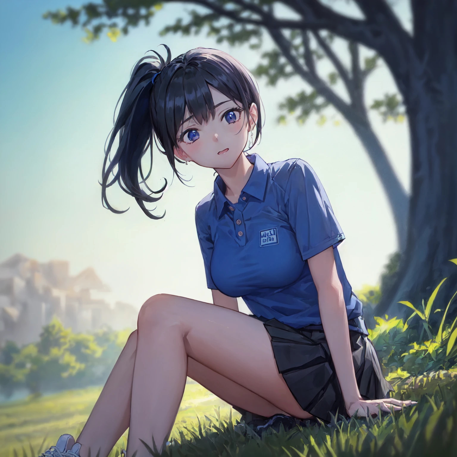 (pencil art:1.3),masterpiece, Highest quality,pastel color,park, sneakers,polo shirt,(Masterpiece:1.5, Best Quality),blue polo shirt,dark grey pleated skirt,Lower ponytail,Dutch Angle, {{black hair}} , (Depth of Field), Dynamic Posture,{{beautiful medium size breasts1:4}},{{beautiful blue eye1:4}},photorealistic 1;4, high quality panties, top quality, {{beautiful butt}}, cute girl, high quality background, BREAK, BREAK, 5 fingers