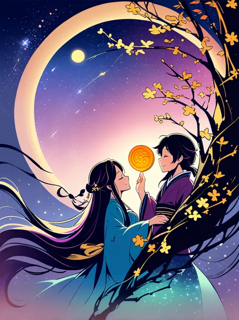 romantic ancient style，night，backlight，(mid-autumn festival:1.5)，an elegant couple in ancient china，dressed in gorgeous hanfu，pu...