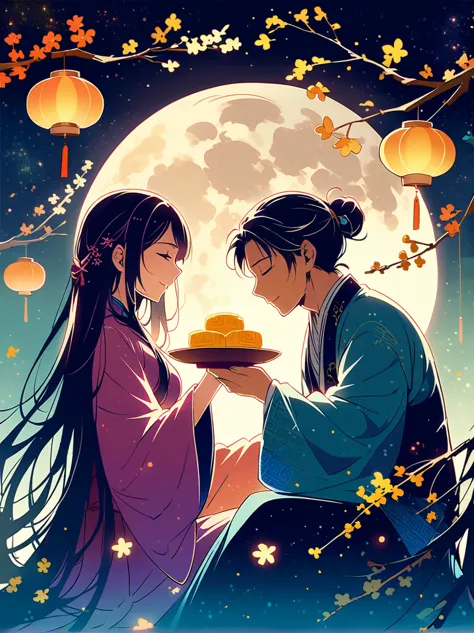 romantic ancient style，night，backlight，(mid-autumn festival:1.5)，an elegant couple in ancient china，dressed in gorgeous hanfu，pu...