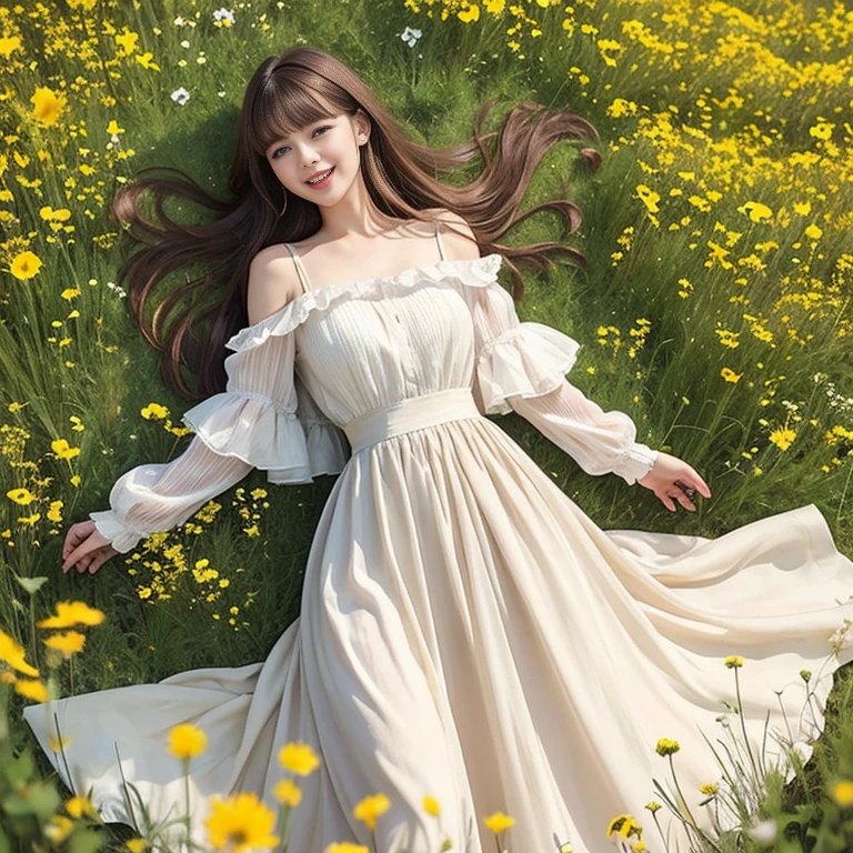 Long skirt,In a wild flower field，Wear a dress，rotate，1 female, On the face, laughing out loud, Light brown hair, Blunt bangs, Hair behind the ear, Shoulder-length hair, Long Hair, Delicate lips, Beautiful Eyes, eyes are light brown,Have a look at this, (Actual:1.3), One person&#39;s perspective, 8k, Very detailed, high quality, 最high quality, High resolution, ，Large Breasts，Wearing H cup, 2,Off-the-shoulder tops，Lace top，Fluffy skirt