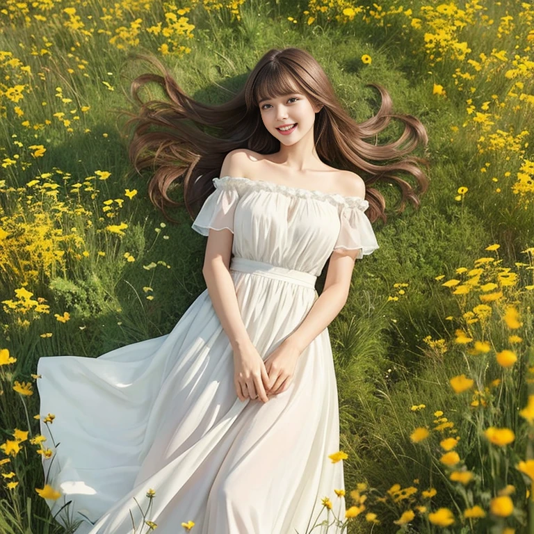 Long skirt,In a wild flower field，Wear a dress，rotate，1 female, On the face, laughing out loud, Light brown hair, Blunt bangs, Hair behind the ear, Shoulder-length hair, Long Hair, Delicate lips, Beautiful Eyes, eyes are light brown,Have a look at this, (Actual:1.3), One person&#39;s perspective, 8k, Very detailed, high quality, 最high quality, High resolution, ，Large Breasts，Wearing H cup, 2,Off-the-shoulder tops，Lace top，Fluffy skirt