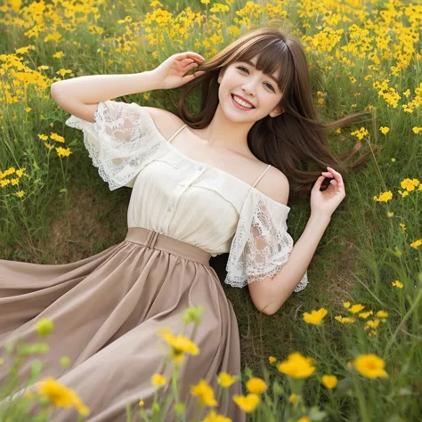 long skirt,in a wild flower field，wear a dress，rotate，1 female, on the face, laughing out loud, light brown hair, blunt bangs, h...