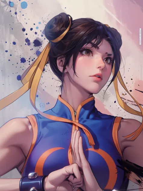 art image of chun-li from the street fighter alpha game, powerful, determined, wearing her original outfit with a sleeveless blu...