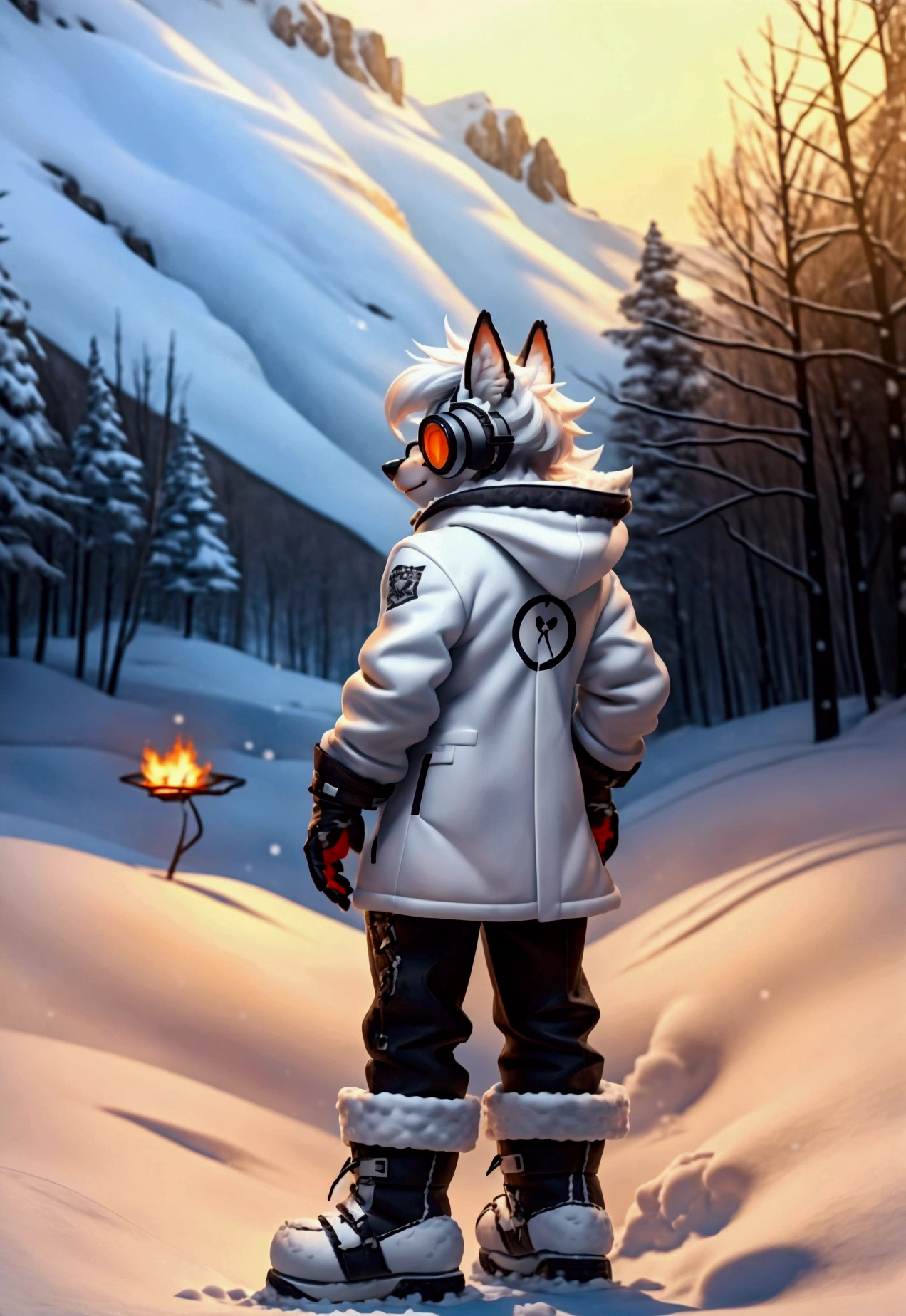 werewolf, white hair, wearing a black winter coat with white details and the letter Z printed on the back, black and white pants and snow boots. Wearing eye and ear protection for snow. Front and back photo. Letter Z in the Coasts. Short wolf tail