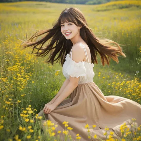 long skirt,in a wild flower field，wear a dress，get excited,  rotate，1 female, laughing out loud, light brown hair, blunt bangs, ...