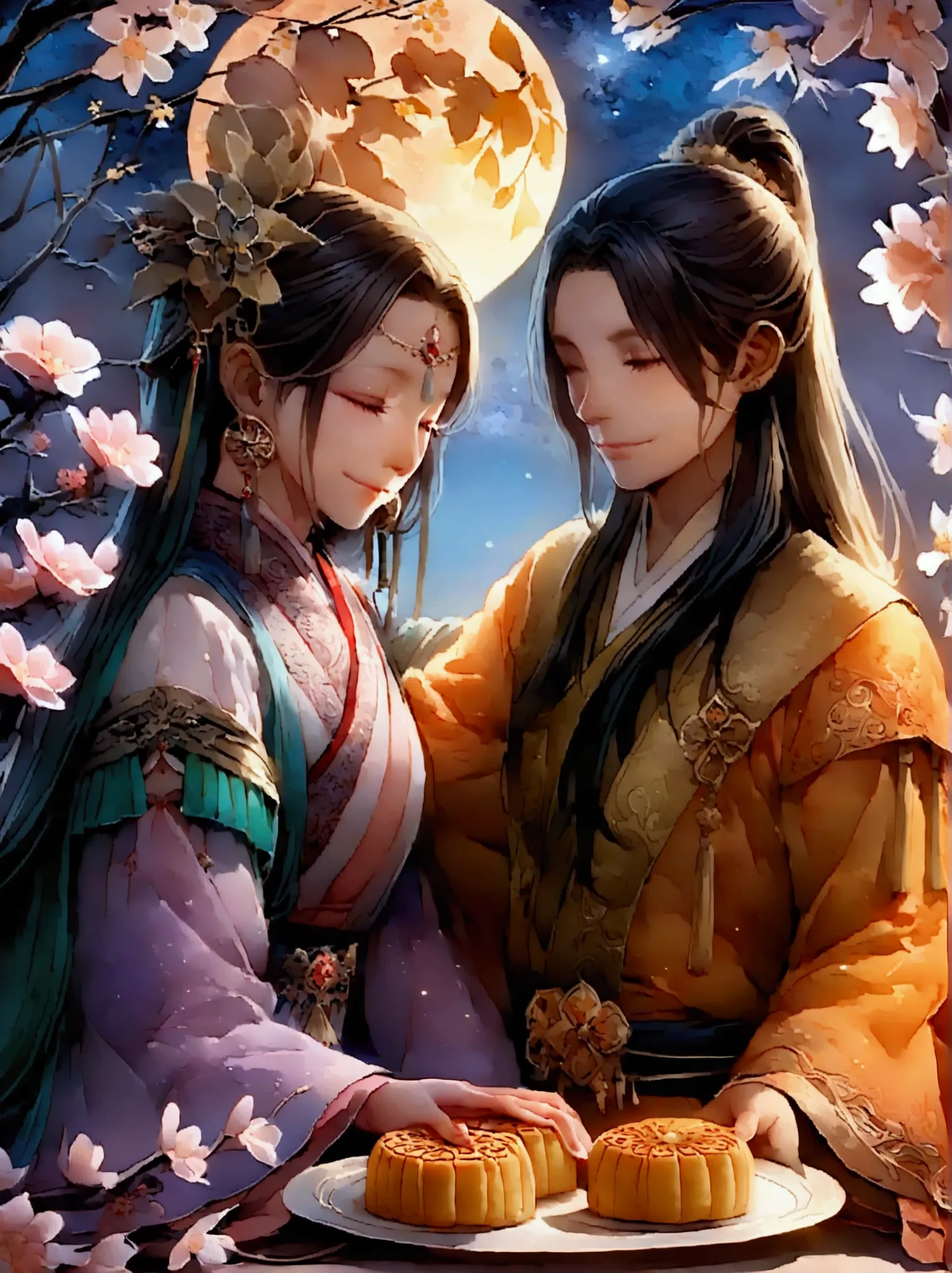 romantic ancient style，night，backlight，(mid-autumn festival:1.5)，an elegant couple in ancient china，dressed in gorgeous hanfu，pu...