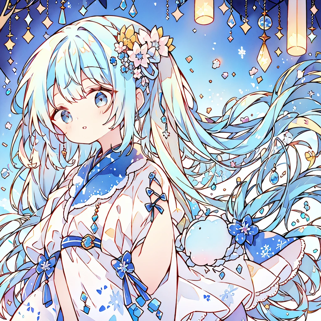 Long Hair, bangs, Twin tails, Blue Hair/Light blue hair, snowflake hair accessories, 