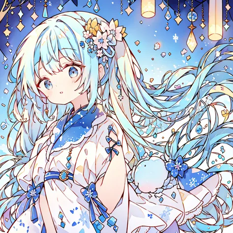 long hair, bangs, twin tails, blue hair/light blue hair, snowflake hair accessories,