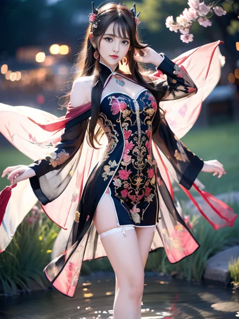 a female model, (race:chinese),((night, fireworks, moonlight, creek)), (8k ultra hd, 8k, ultra-high resolution, best quality, ma...