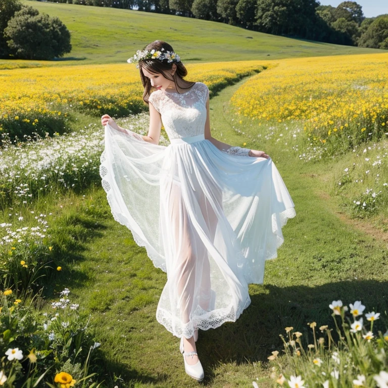 White long skirt,In a wild flower field，Transparent lace dress, Get excited,  rotate, one person&#39;s, laughing out loud, Light brown hair, Blunt bangs, Hair behind the ear, Shoulder-length hair, Long Hair, Delicate lips, Beautiful Eyes, eyes are light brown,Have a look at this, (Actual:1.3), one person&#39;s視点, 8k, Very detailed, high quality, 最high quality, High resolution, Large Breasts, White off-shoulder top，Sheer lace top，Transparent fluffy skirt