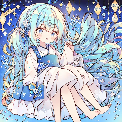 long hair, bangs, twin tails, blue hair/light blue hair, snowflake hair accessories, mischievous,