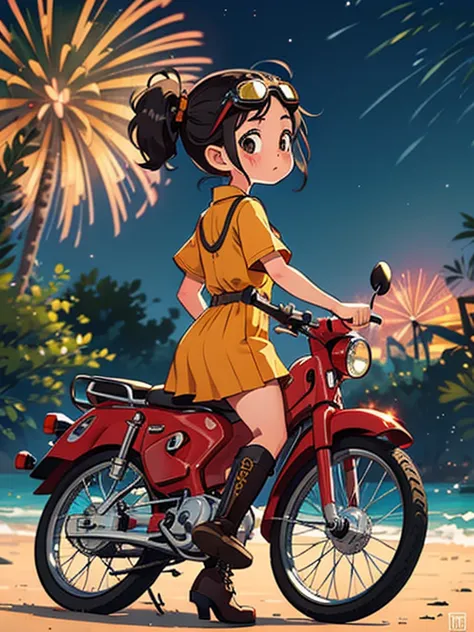 32k，uhd high resolution，octane rendering，steampunk，(hyper detail: 1.2)，girl riding a super cub、night，cute，very short stature，ver...