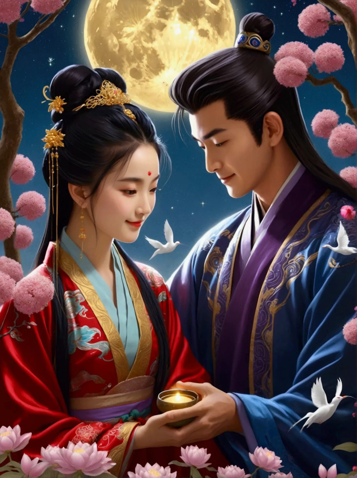 romantic ancient style，night，backlight，(mid-autumn festival:1.5)，an elegant couple in ancient china，dressed in gorgeous hanfu，pu...