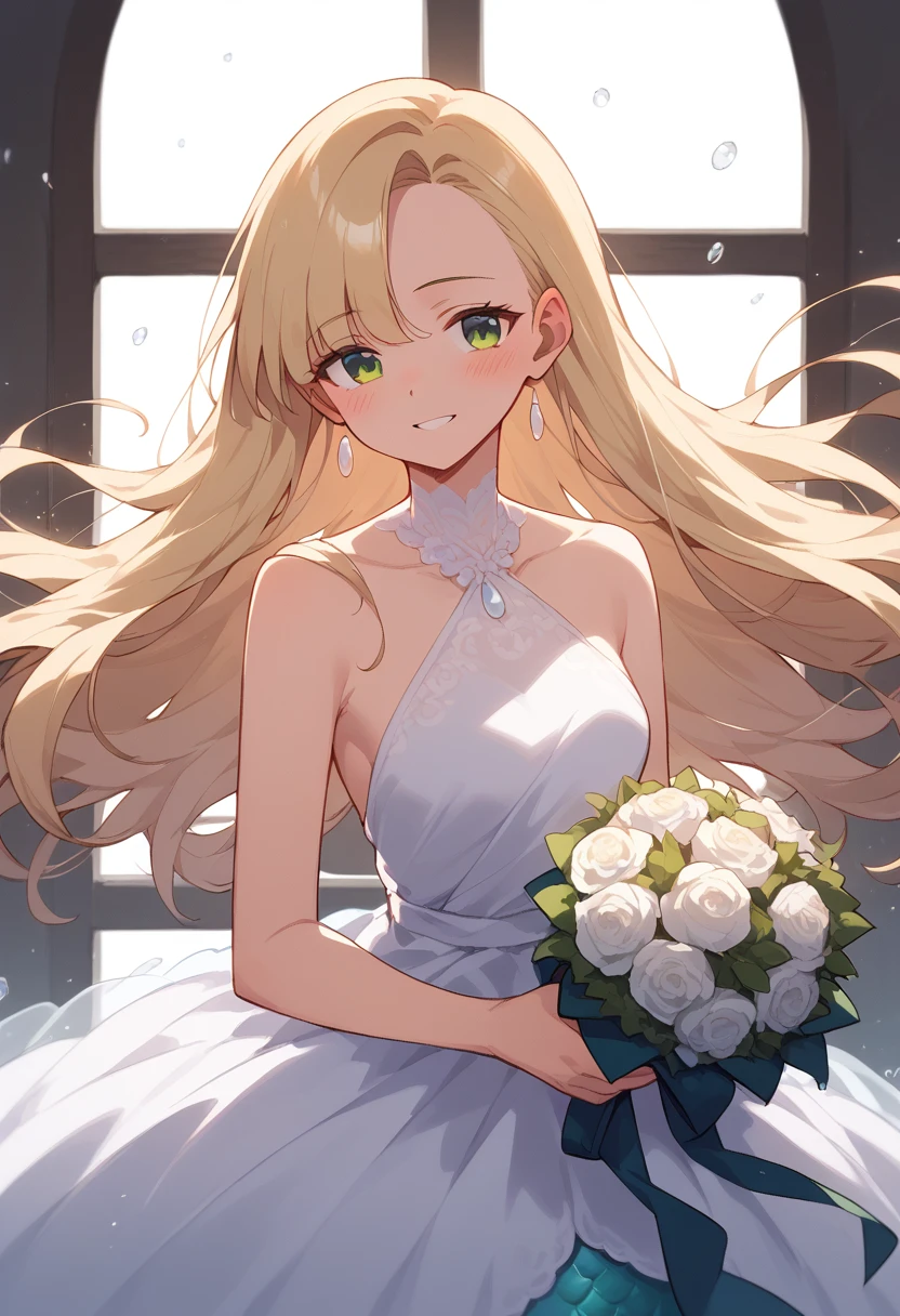 masterpiece, (score_9,score_8_up,score_7_up,score_6_up), 1 girl, green eyes, little sassy, skinny, tsurime, asymmetrical bangs, long hair, (blond hair:1.3), wedding Dresses,
white Mermaid Dresses,
white Halter Neckline,
sleeveless,(bouquet in red:1.2),
white Illusion Lace,teeth, blush, happy, , girl's front,