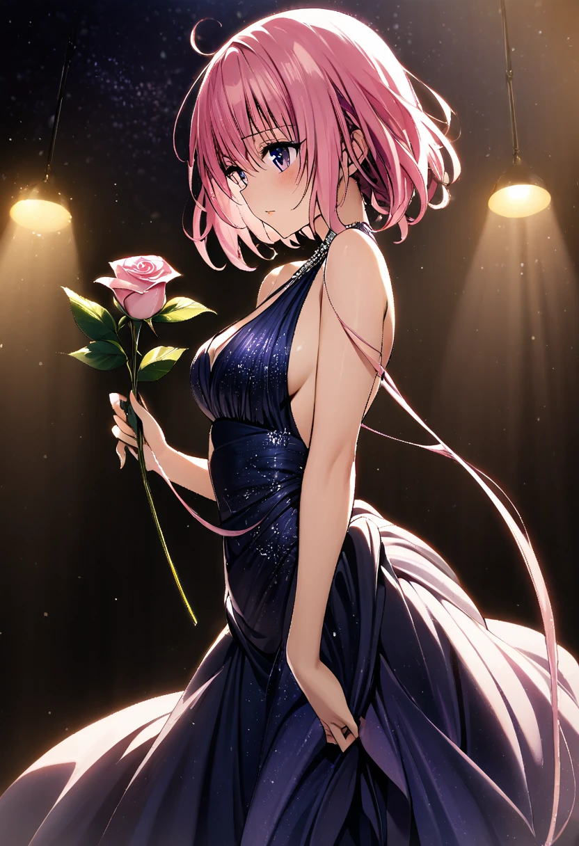 1girl,Momo Belia Deviluke, pink short hair flowing, purple eyes sparkling, elegant evening gown, studio set of starry night sky, dramatic side lighting, holding a rose, professional studio lighting, masterpiece, best quality, absurdres