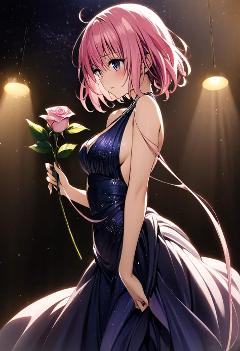 1girl,momo belia deviluke, pink short hair flowing, purple eyes sparkling, elegant evening gown, studio set of starry night sky,...