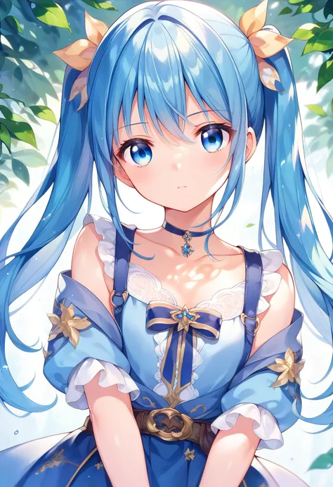 a dazed feeling,blue hair twintails、blue eyes、slanted eyes、normal chest、serious expression、beautiful girl、cute high school girl、...