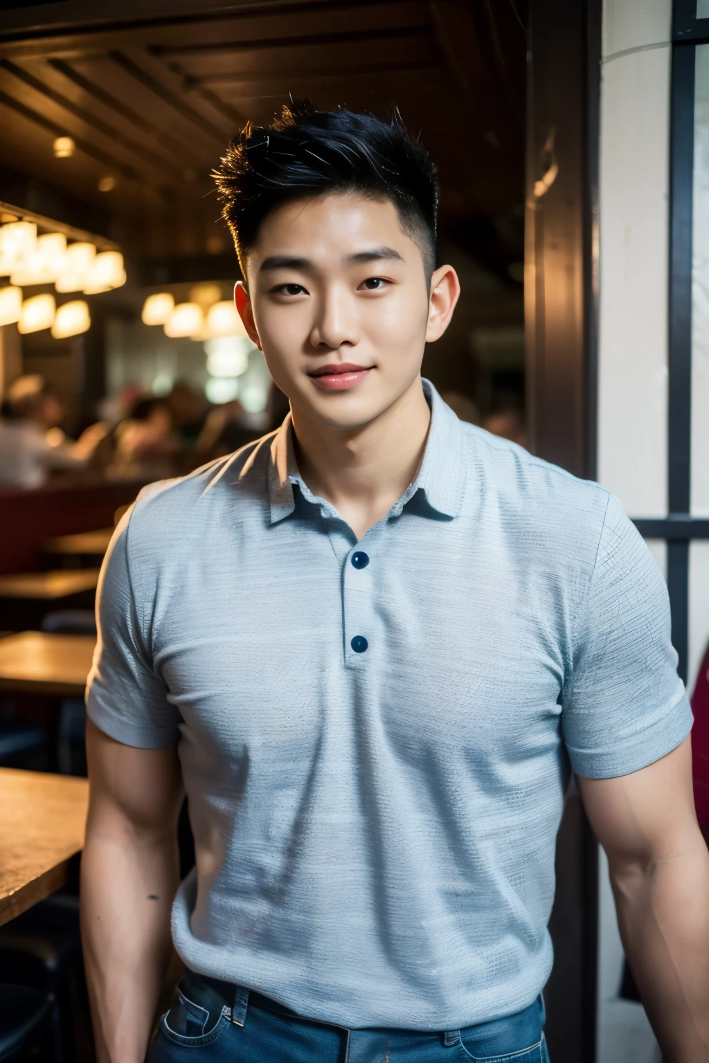 ((realistic daylight)) , Young Korean man in a navy blue polo shirt only, no stripes, and jeans., A handsome, muscular young Asian man looks at the camera.  , in the restaurant ,turn sideways, smile