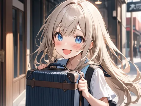 girl carrying luggage?one person, high resolution, chest, blushing, shortcuts, bangs, blue eyes, open your mouth, smile, gaze, l...