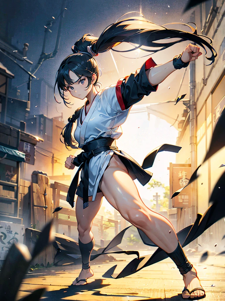 One person, Karate Stance,High Kick,Black Hair, ponytail, Slim body,Small breasts,Bad mood, Slanted Eyes, Character profile, Vanishing Point, Ultra Wide Angle, Japanese illustration style, 