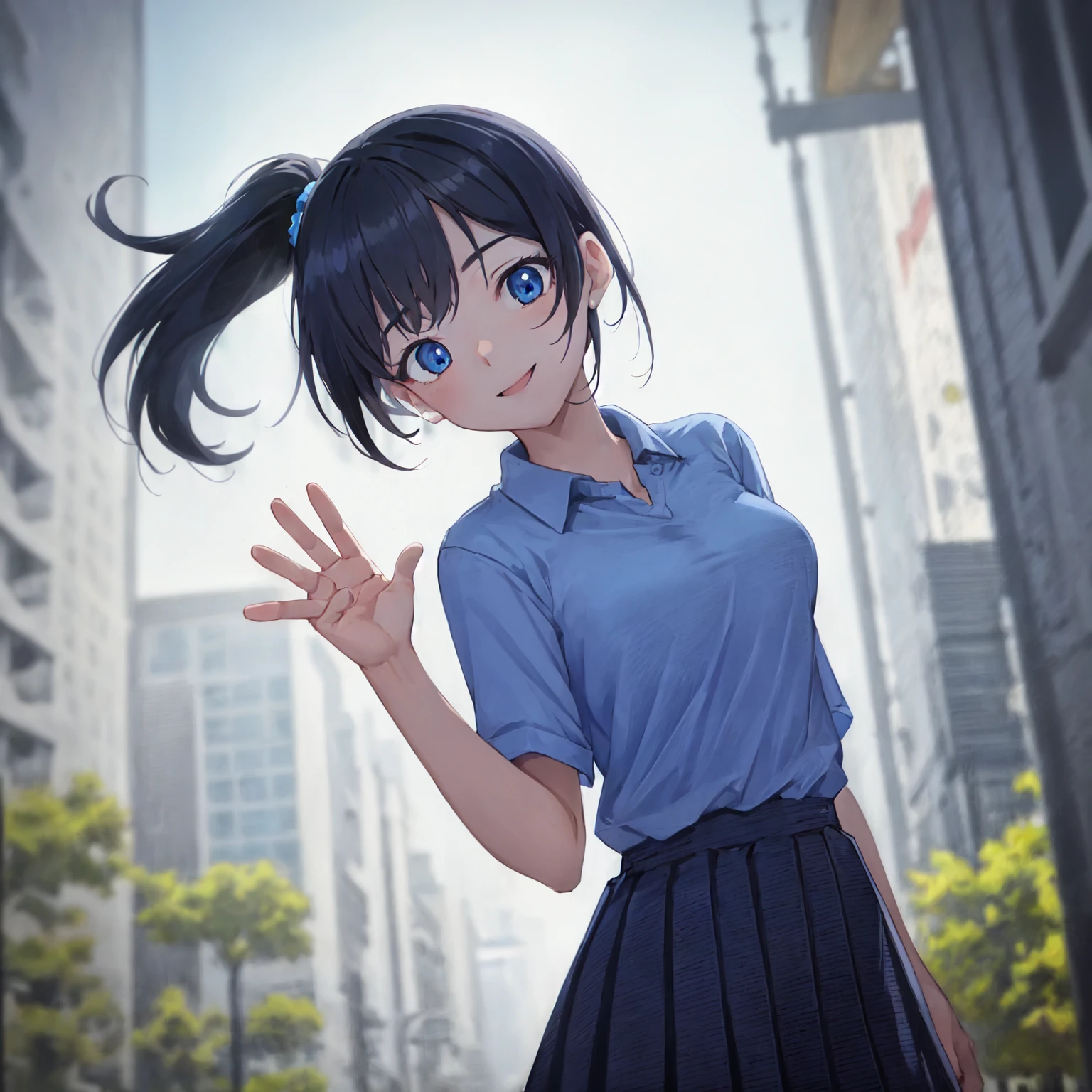 (pencil art:1.3),masterpiece, Highest quality,pastel color,Walking around the city, Wave lightly,sneakers,closed mouth,smile,polo shirt,(Masterpiece:1.5, Best Quality),blue polo shirt,dark grey pleated skirt,Lower ponytail,Dutch Angle, {{black hair}} , (Depth of Field), Dynamic Posture,{{beautiful medium size breasts1:4}},{{beautiful blue eye1:4}},photorealistic 1;4, high quality panties, top quality, {{beautiful butt}}, cute girl, high quality background, BREAK, BREAK, 5 fingers