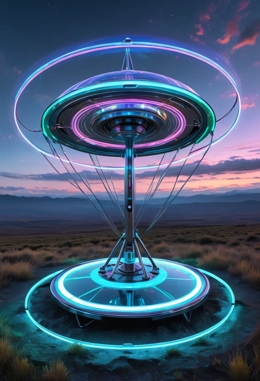 A UFO made of a metal-plated frame, a magic circle on the ground, and a kaleidoscope of iridescent neon lines in the sky, transparent, clear neon color, precision instruments, machines, machine parts, LED, wire cables, analyzers, labs, (ultra detailed, absolutely resolution, best quality:1.3), 2.5D, delicate and dynamic effects, artistic photography, hyper realistic, graphic CG digital art