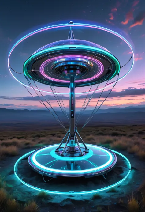 a ufo made of a metal-plated frame, a magic circle on the ground, and a kaleidoscope of iridescent neon lines in the sky, transp...