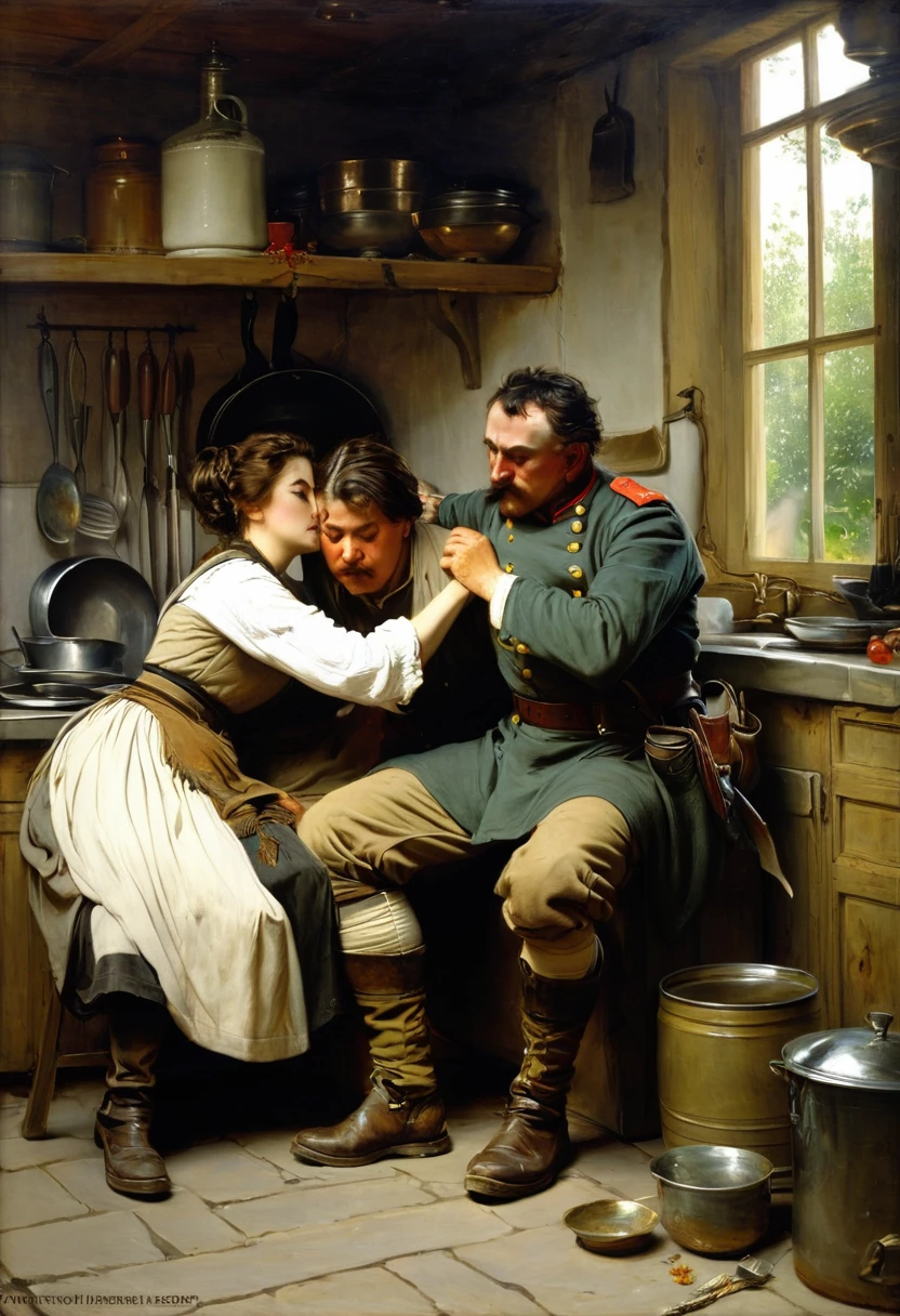 painting of a man is being tended by a woman in a kitchen, wounded soldiers, by Adolf Hirémy-Hirschl, by Vasily Perov, by Emanuel Leutze, by Marie Krøyer, tuomas korpi bouguereau, adolf hiremy - hirschl, by Jean-Louis-Ernest Meissonier