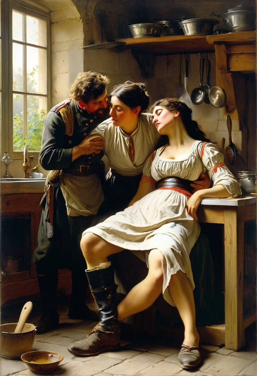 painting of a man is being tended by a woman in a kitchen, wounded soldiers, by Adolf Hirémy-Hirschl, by Vasily Perov, by Emanuel Leutze, by Marie Krøyer, tuomas korpi bouguereau, adolf hiremy - hirschl, by Jean-Louis-Ernest Meissonier