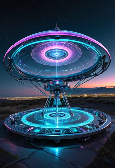 a ufo made of a metal-plated frame, a magic circle on the ground, and a kaleidoscope of iridescent neon lines in the sky, transp...