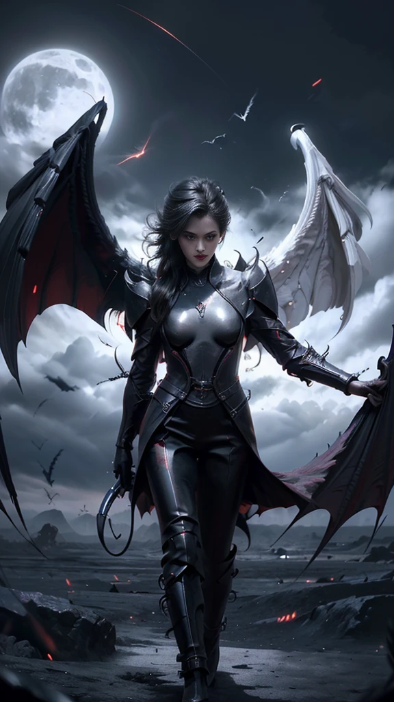 woman, Demon God, Angel wings and devil wings, (Realistic picture, highest resolution, 16ก), (A demon with wide wings and immense power on his shoulders., Twelve wings on the shoulders., black bat wings:1.1, 3 white angel wings:1.5), long hair, Thick hair, Two meters long, Floor length, (สาวสวยlong hairสองเมตร, Shiny black hair, Smooth white skin, very red lips), ((stand, Walk)), (หน้าอกbig, Plump breasts, gigantic breast, หน้าอกbig ความแตกแยก,  small waist, hips raised, small thighs, Long legs), (dynamic poses), Separate theme, (Angel wings and devil wings), floating in the air above the ground, background darkness, Embraced with twelve wings, ปีกSeparate themeชัดเจน, Angel wings and devil wings, White and black wings, ทรงสวมมงกุฏขนาดbig, The Busiest Chest, big , Porn, just, exposed body, tight, Everything went smoothly.., see the whole body., full body image,