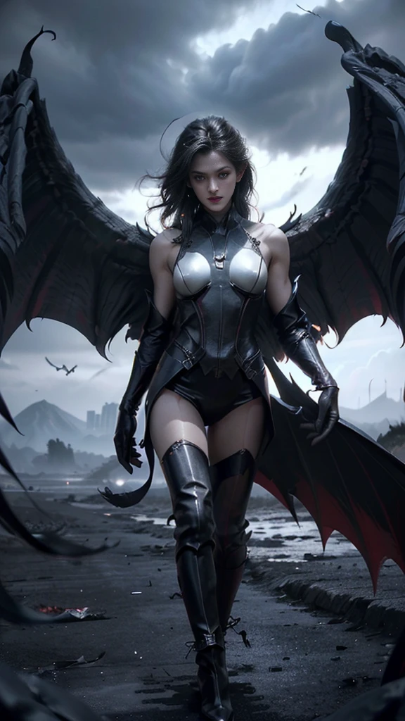 woman, Demon God, Angel wings and devil wings, (Realistic picture, highest resolution, 16ก), (A demon with wide wings and immense power on his shoulders., Twelve wings on the shoulders., black bat wings:1.1, 3 white angel wings:1.5), long hair, Thick hair, Two meters long, Floor length, (สาวสวยlong hairสองเมตร, Shiny black hair, Smooth white skin, very red lips), ((stand, Walk)), (หน้าอกbig, Plump breasts, gigantic breast, หน้าอกbig ความแตกแยก,  small waist, hips raised, small thighs, Long legs), (dynamic poses), Separate theme, (Angel wings and devil wings), floating in the air above the ground, background darkness, Embraced with twelve wings, ปีกSeparate themeชัดเจน, Angel wings and devil wings, White and black wings, ทรงสวมมงกุฏขนาดbig, The Busiest Chest, big , Porn, just, exposed body, tight, Everything went smoothly.., see the whole body., full body image,