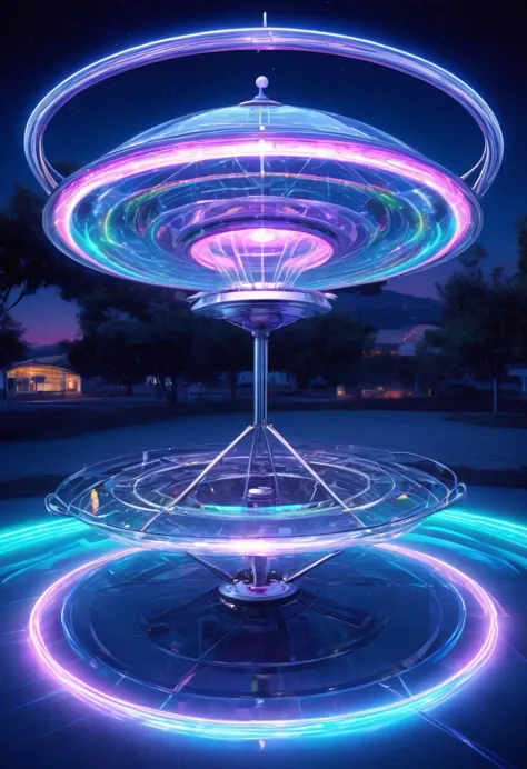 a ufo made of a metal-plated frame, a magic circle on the ground, and a kaleidoscope of iridescent neon lines in the sky, transp...