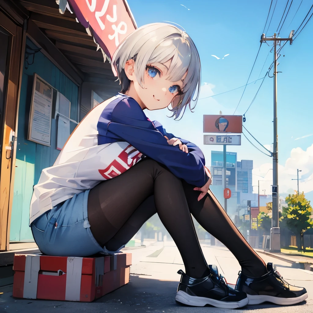 Long shot,ground shot, ground shot, front angle, face forcus,beautiful girl,fullbody, high quality, masterpiece,break, uh1, shirt, raglan sleeves, romaji text, clothes writing, long sleeves, denim shorts, pantyhose, fang, T-shirt,writting,T-shirt that says "Sugoi Dekai",beautiful girl's face, (very beautiful girl's face)