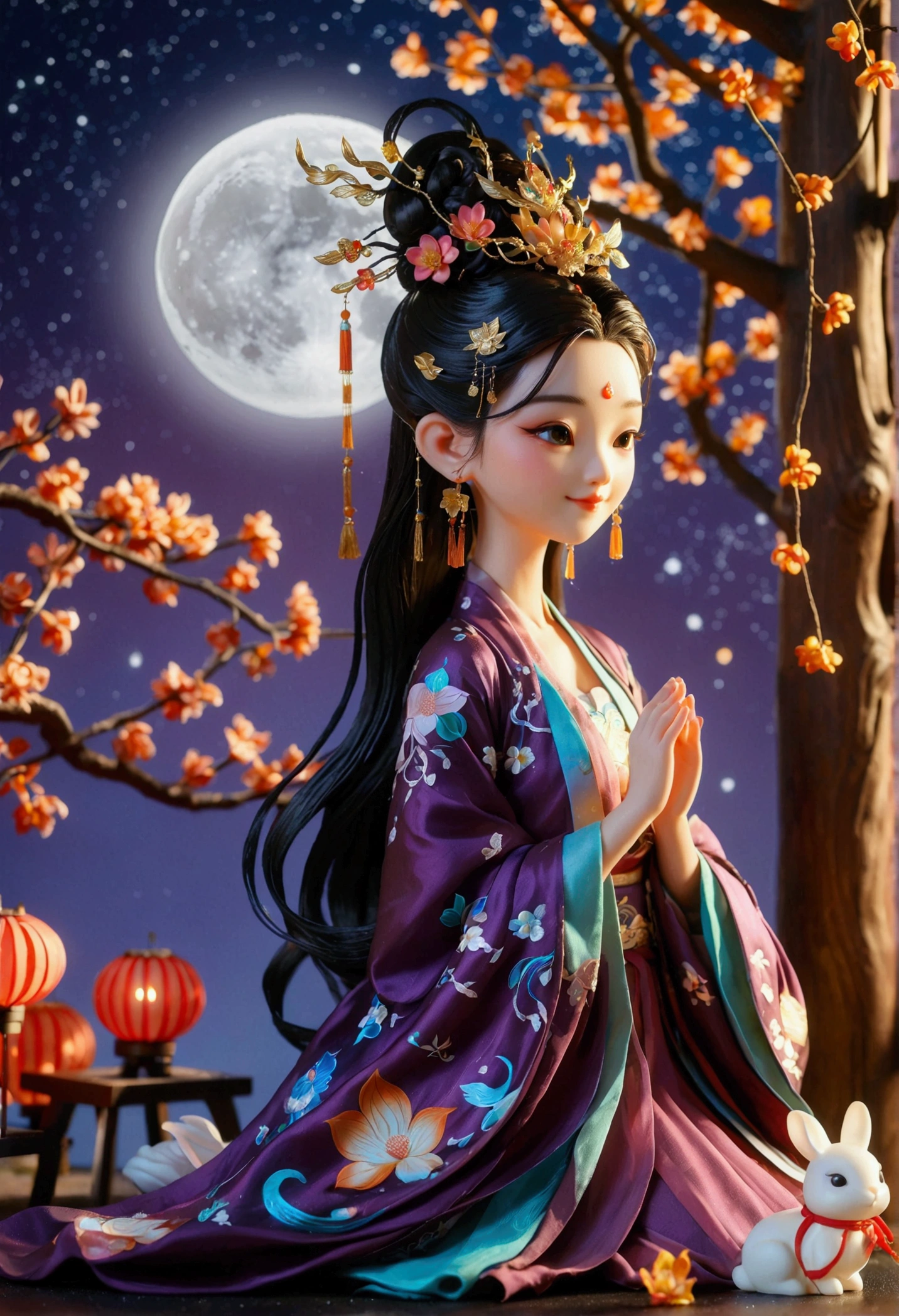 Pixar style，Global waste dark purple，(Blind box toy style:1.2)，（full-body shot），Romantic ancient style，night，Backlight，(Mid-Autumn Festival:1.5)，Elegant ancient Chinese fairy，Chang&#39;e，Dressed in gorgeous phoenix crown and bridal robe, Hanfu，Purple floats like clouds in the moonlight，Sitting on a laurel tree full of stars，smiling，Holding the moon rabbit in hand，Starry Sky，Macro lens，moon cake，osmanthus tree，半个moon cake流心，The moon hangs in the sky，Osmanthus scattered on the desktop，The background is a night view of the starry sky，They are surrounded by colorful flowers。This is a fantasy scene style，Flowing，There is a full moon behind it，Fresh colors，Soft colors，Diode lamp，Concept art style，Extremely complex details，Clear distinction between light and dark，Structured，Ultra HD, （Global Illumination，Ray Tracing，High Dynamic Range，Unreal Rendering，Reasonable design，High Detail，masterpiece，Best quality，Ultra HD，light），chibi，3D style