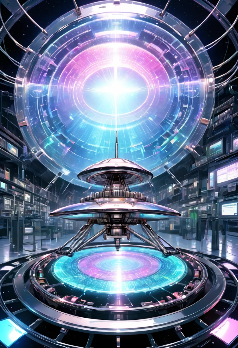 A UFO made of a metal-plated frame, a magic circle on the ground, and a kaleidoscope of iridescent neon lines in the sky, transparent, clear neon color, precision instruments, machines, machine parts, LED, wire cables, analyzers, labs, (ultra detailed, absolutely resolution, best quality:1.3), 2.5D, delicate and dynamic effects, artistic photography, hyper realistic, graphic CG digital fantasy art