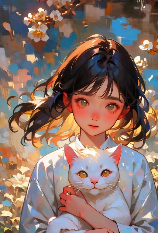 oil painting, (A scene of a woman holding a white cat in her arms, flower), A portrait expressing the deep bond between a girl and a cat, (Close-up of the upper body_A gaze that looks at the viewer), Peacefulness, high resolution, vivid silhouette, 3D textures, extremely detailed description, Oil painting style,