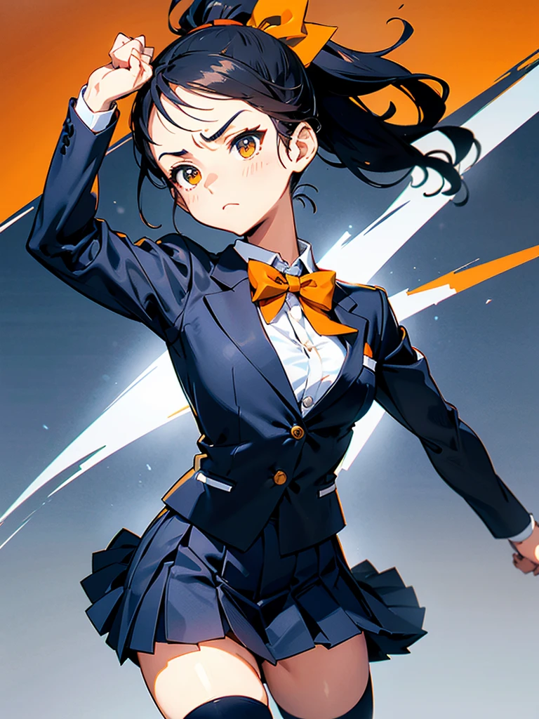 One person, Karate Stance,High Kick,Black Hair, ponytail, Slim body,Small breasts,Bad mood, Slanted Eyes, Character profile, Vanishing Point,High school uniform,Navy blue blazer,White blouse,Orange bow tie,Long grey flared skirt,Navy blue knee socks,Japanese illustration style, Don&#39;t make them muscular,Sparkle Effect, Anatomically correct, Winner of numerous awards, accurate, High resolution, masterpiece, detail, High-resolution model, 高いdetail, Retina, Very detailed, Textured skin, Ultra high definition, 