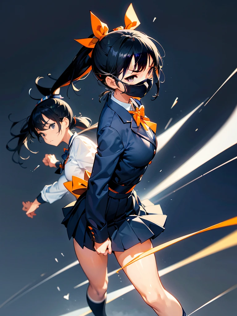 One person, Karate Stance,High Kick,Black Hair, ponytail, Slim body,Small breasts,Bad mood, Slanted Eyes, Character profile, Vanishing Point,High school uniform,Navy blue blazer,White blouse,Orange bow tie,Long grey flared skirt,Navy blue knee socks,Japanese illustration style, Don&#39;t make them muscular,Sparkle Effect, Anatomically correct, Winner of numerous awards, accurate, High resolution, masterpiece, detail, High-resolution model, 高いdetail, Retina, Very detailed, Textured skin, Ultra high definition, 