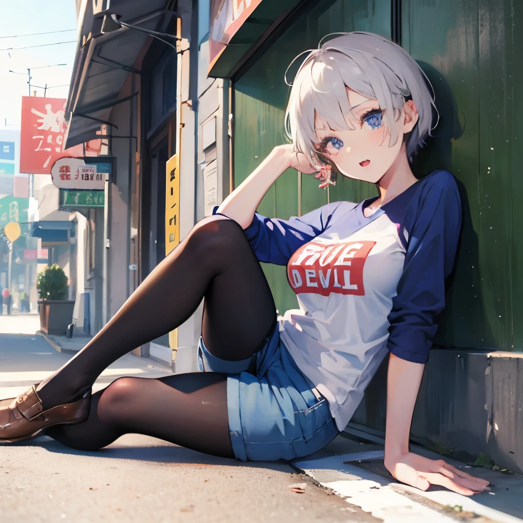 Long shot,ground shot, ground shot, front angle, beautiful girl,fullbody, high quality, masterpiece,break, uh1, shirt, raglan sleeves, romaji text, clothes writing, long sleeves, denim shorts, pantyhose, fang, T-shirt,writting,T-shirt that says "Sugoi Dekai",beautiful girl's face, (very beautiful girl's face)