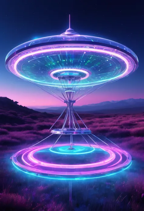 a ufo made of a metal-plated frame, a magic circle on the ground, and a kaleidoscope of iridescent neon lines in the sky, transp...