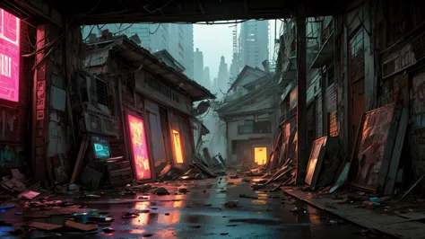 ((masterpiece)),((highest quality)),((high detail)), nobody, background, cyber punk, town, neon, abandoned house, junk