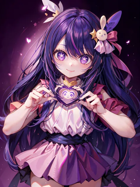 hoshino ai, long hair, purple hair, streaked hair ,purple eyes, star-shaped pupils, hair ornament,cute smile、chibi character、hig...