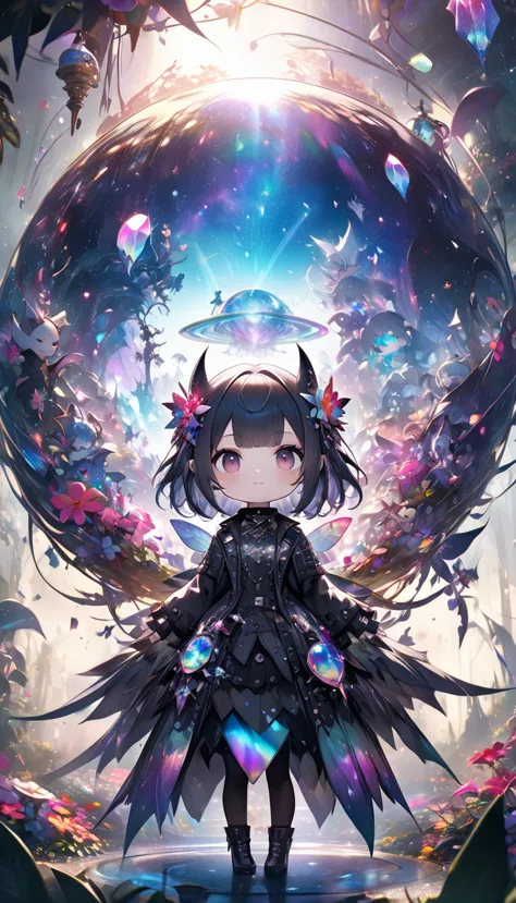 chibi, fantasy world that combines flower-punk and gem-punk, fairy spirits of beauty, background distorted space from another di...