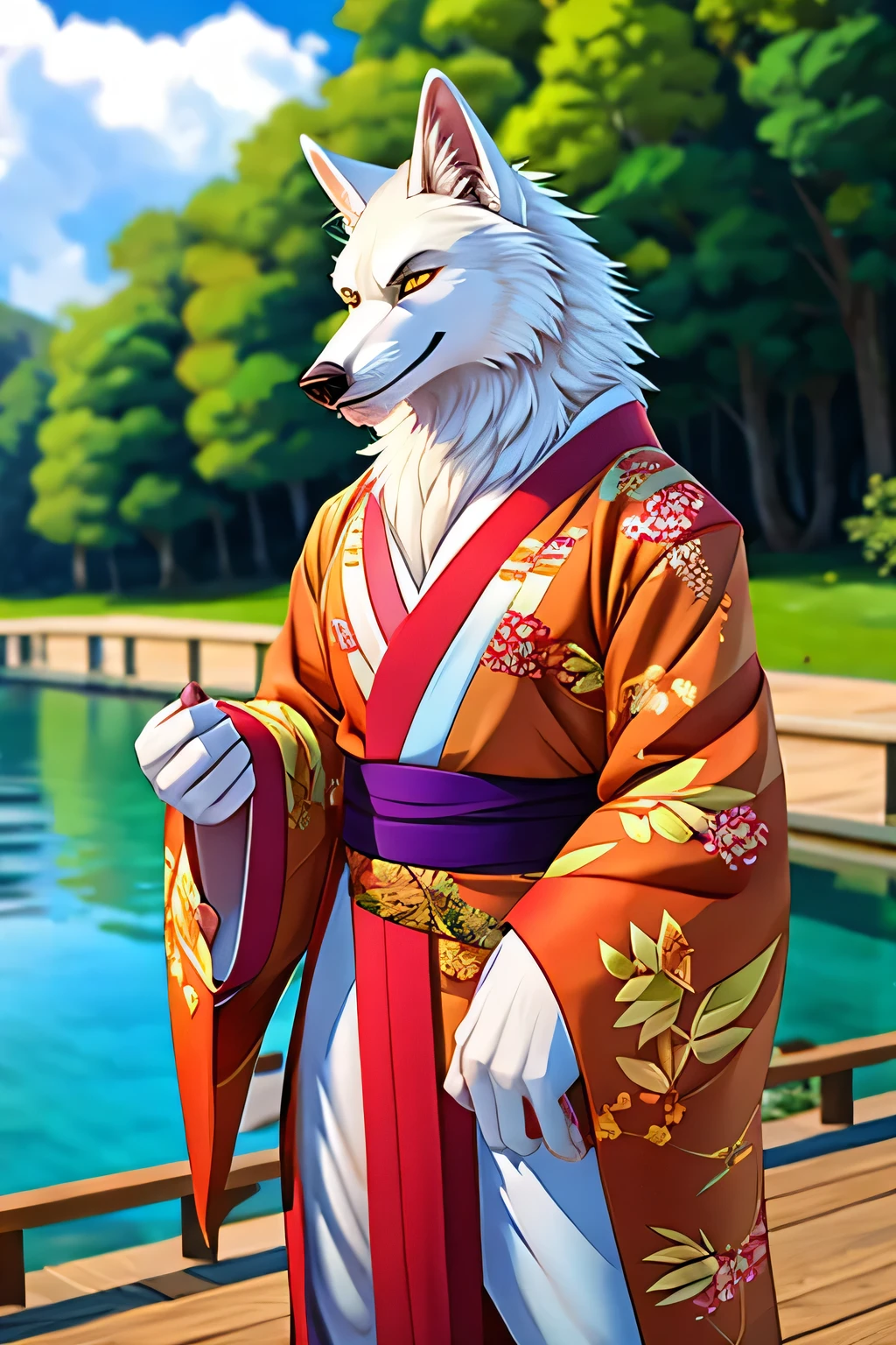 A white wolf-man wearing a kimono with his crotch exposed, facing the front on a bright lakeside