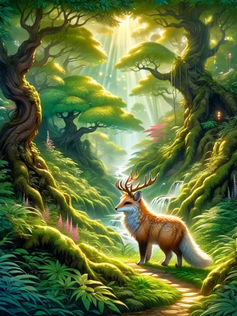 lush green forest, magical atmosphere, traditional japanese painting techniques, vibrant colors, soft lighting, detailed fur, my...